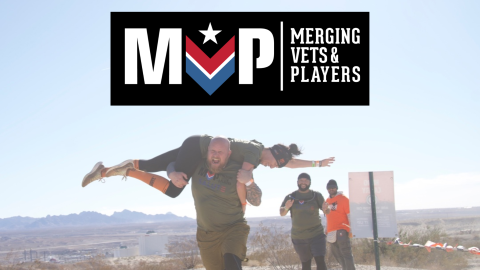 Merging Vets & Players logo with people working out on mountain