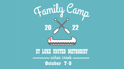 Blue page with words on Family Camp event