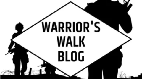 Warrior's Walk logo over outline of soldiers walking